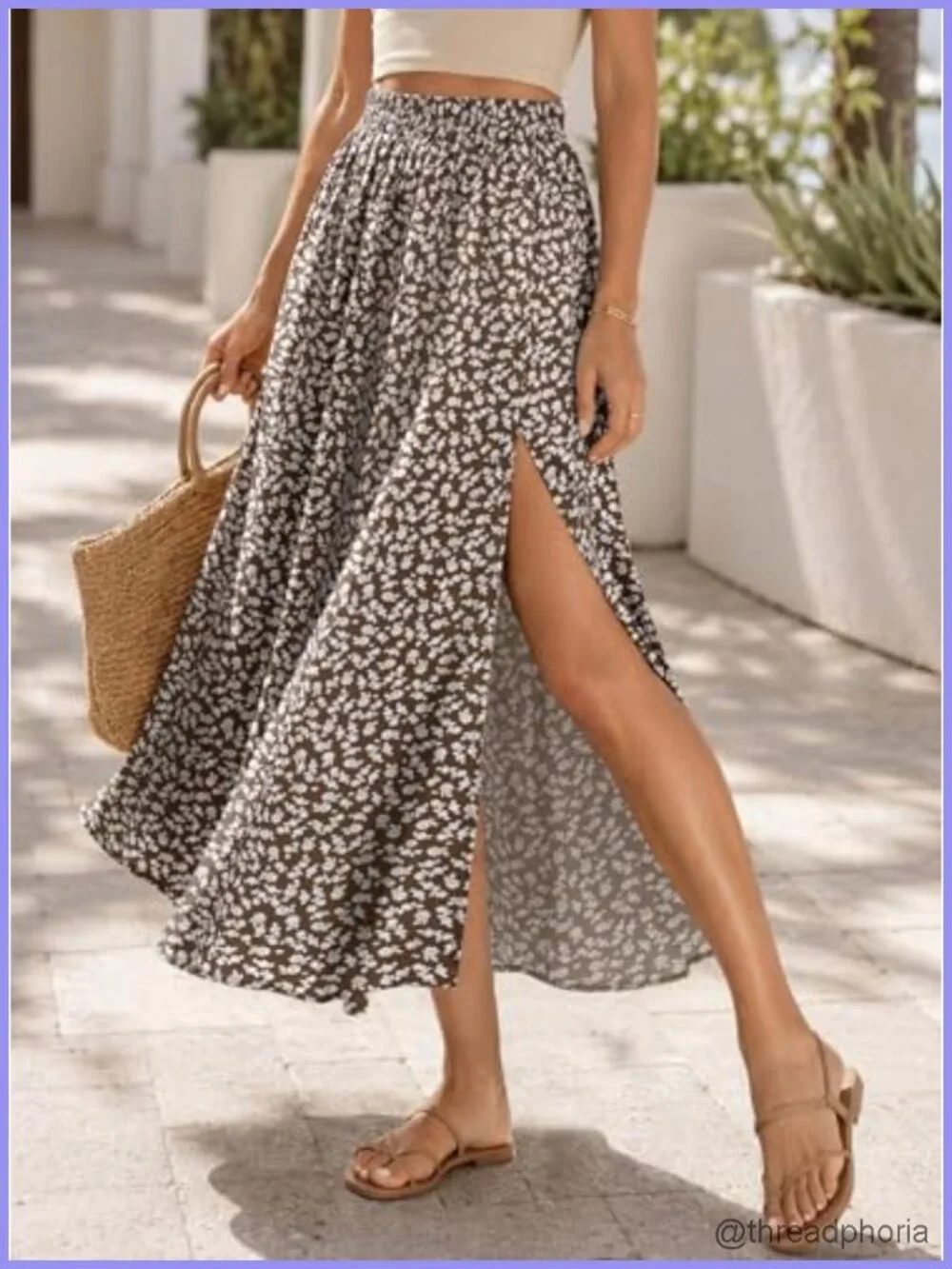 Boho Floral Slit Maxi Skirt High Waisted Long Flowy Skirt